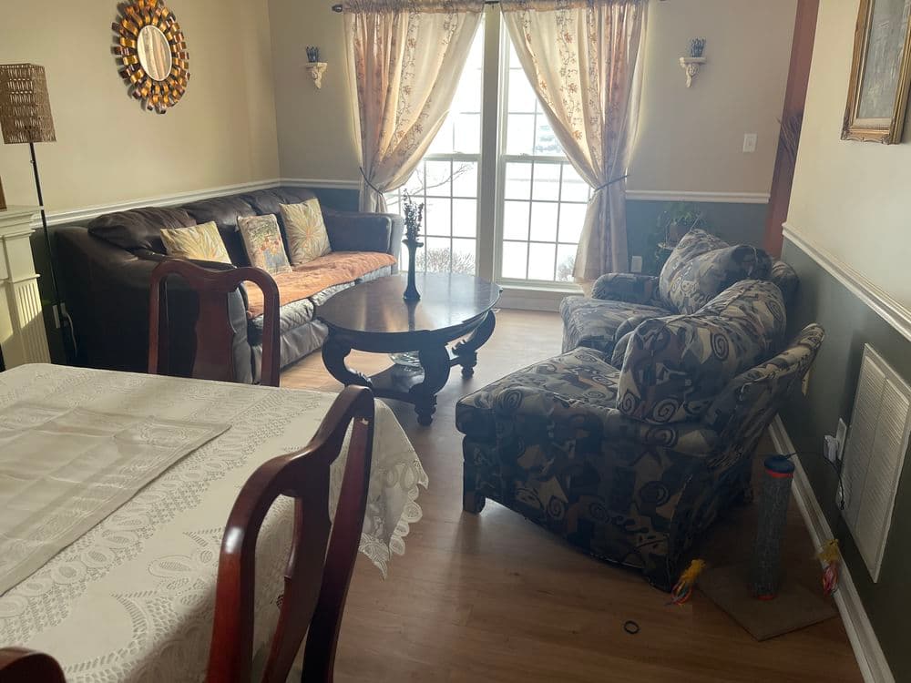 Cozy living room with sofas, coffee table, and large windows letting in natural light.