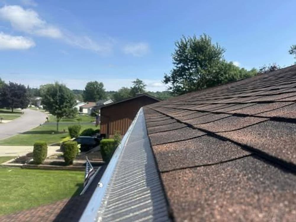 Roofline view with shingles and guttering, showcasing clear blue sky and surrounding greenery.